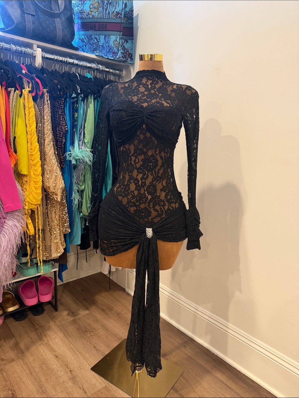 Black Lace Long-Sleeve Bodycon Dress with Draped Rhinestone Accent